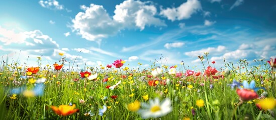 Field of beautiful spring flowers under a flawless sky.