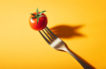 A Tomato Impaled on a Fork on a Yellow Backdrop