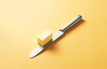 A Slice of Butter on a Kitchen Knife Against a Yellow Background