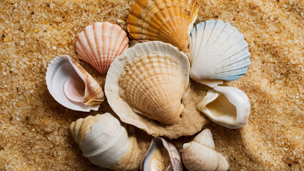 Sea shells in sand pile isolated