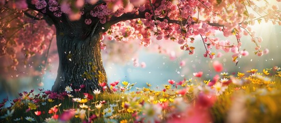 Blossoming tree amidst natural setting with spring flowers. - obrazy, fototapety, plakaty