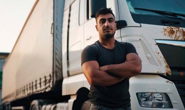Confident male truck driver with arms crossed, standing proudly in front of his vehicle at a logistic center during sunset - AI generated