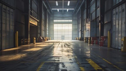 a large warehouse with bright light coming through the windows - obrazy, fototapety, plakaty