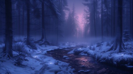 Ethereal frost-tipped dead forest blanketed in fog - obrazy, fototapety, plakaty