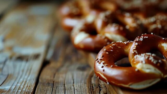 A row of pretzels are sitting on a wooden table