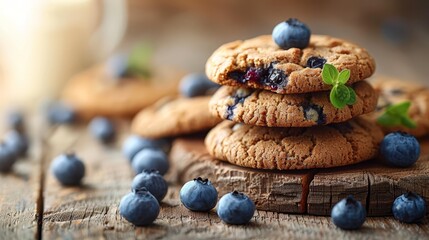   A tight shot of a wood table bearing a stack of cookies topped with plump blueberries In the backdrop, a glass of milk sits waitingly