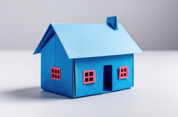 Fototapeta na wymiar One blue origami model paper house on white background. concept of moving, housewarming, buying home.