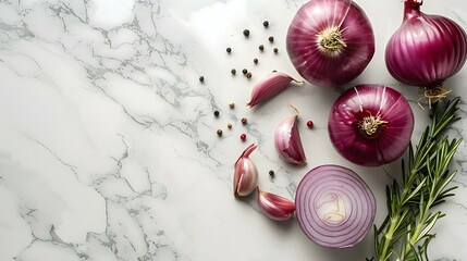 Bulbs of onion lie on the white marble countertop - obrazy, fototapety, plakaty