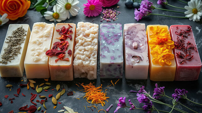A selection of colorful handmade soap bars arranged on a dark surface, each bar adorned with various botanical elements such as flower petals, herbs, and spices.