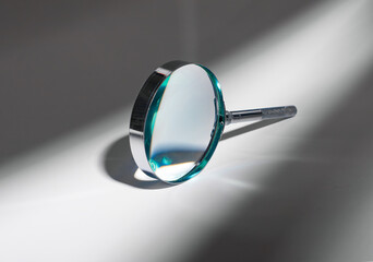 Abstract concept of investigation and discovery. Shadow and light play on silver glass, magnifying