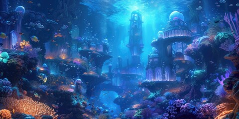 An underwater city with bioluminescent coral, schools of colorful fish, and ancient ruins, all illuminated by the eerie glow of an underwater volcano. Resplendent.