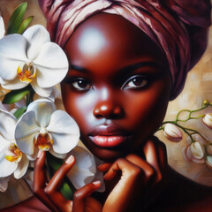 Little African girl with orchids. Painting on canvas. - 791057750