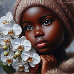 Little African girl with orchids. Painting on canvas. - 791057788