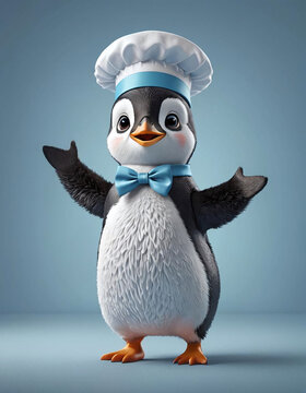 Pingouin, manchot avec une toque de chef cuisinier, isol&eacute; sur fond uni bleu - IA g&eacute;n&eacute;rative	