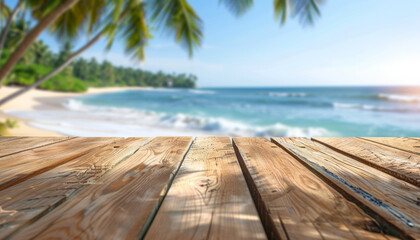 Serene Tropical Beach View from Wooden Deck, Ideal Vacation Backdrop
