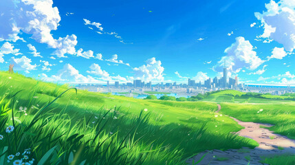 Obraz premium Vibrant Digital Illustration of a Lush Meadow Overlooking a Cityscape