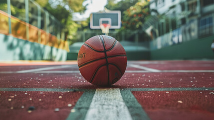 A basketball on a basketball court. AI. - obrazy, fototapety, plakaty