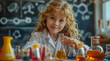 young student chemist in a white coat makes a chemical experiment in a chemistry lesson