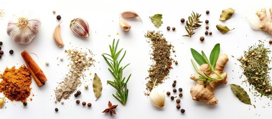 Background of seasoning. Dried spices such as ginger, garlic, rosemary, and bay leaf on a white background, seen from the top with space for text.