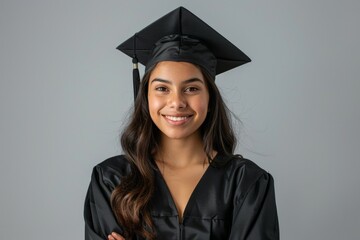 A woman wearing a black graduation cap and gown is smiling