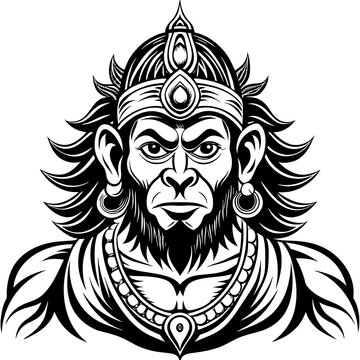 Lord hanuman ji face Indian look vector silhouette on white background 