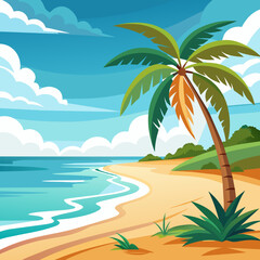 Fototapeta na wymiar Beach a sandy beach with a palm tree swaying in the breeze vector illustration 