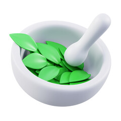 3D rendered ceramic mortar and pestle with green leaves