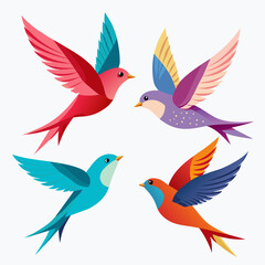 Four kinds of beautiful birds are flying in the sky white background