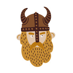 Cartoon portrait of a bearded viking in a horned helmet. Vector illustration in children's drawing style. Funny character can be used for design of books, postcards, textiles.