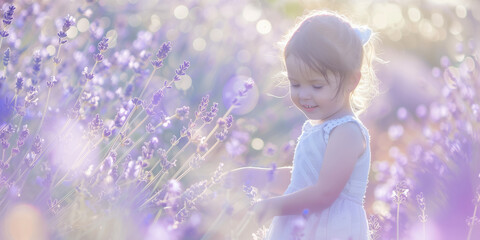 Radiant toddler girl standing surrounded by purple lavender in the summer. Magical lavender purple...