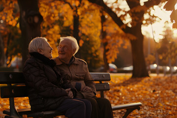 middle-aged couple talking on a park bench,