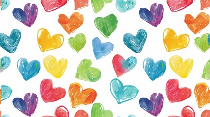 Pattern with many rainbow hearts on a white background.