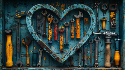 Heart shaped arrangement of assorted hand tools