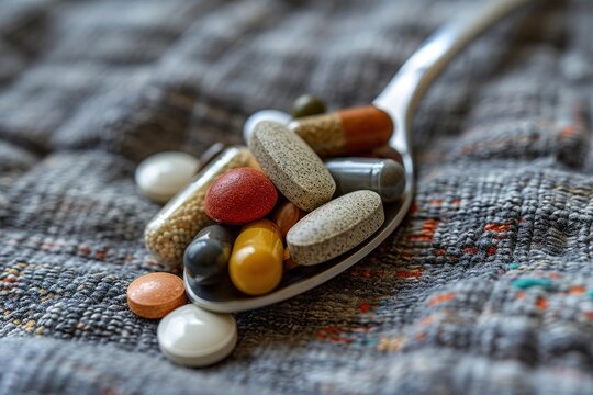Close-up tablespoon filled with various dietary supplements, tablets and vitamins on a gray fabric background