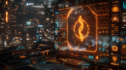 Futuristic interface with glowing DNA strand and data analytics