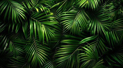 Close-up of green palm fronds forming a natural tropical background with rich foliage and dramatic shadows with symmetrical patterns, perfect for botanical and nature-themed backgrounds, with moody li