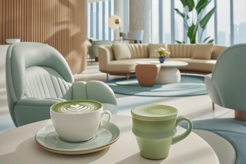 Fototapeta na wymiar Matcha latte refreshing japanese tea drink milk foam coffee shop office lunch morning routine delicious beverage relaxation break cafe in a cup fresh green tradition glass cream recipe vegetarian