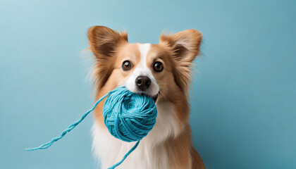 3d render, abstract minimal light blue background, with a dog with open mouth trying to eat a crochet, the center of room, close-up