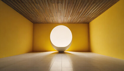 3d render, abstract minimal yellow background, with a light ball in the center of an empty room