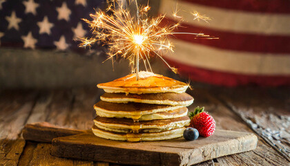 A stack of homemade American pancakes with maple syrup and blueberries on a wooden plank decorated with a sparkler and a flag of the USA in the background