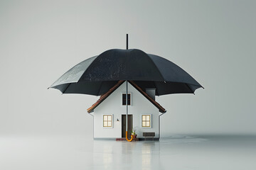 home insurance and protection, featuring a family house secured under an umbrella, symbolizing safety and security against potential risks