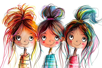 Illustration with three little girls on white background.