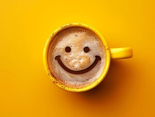 A cup of coffee in a vibrant yellow mug, the foam smiling back at you, a delightful expression of happiness