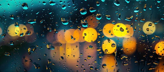 Raindrops on a window overlooking city lights