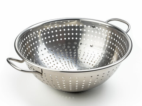 A polished stainless steel colander with perforated holes and handles, isolated on a white background.