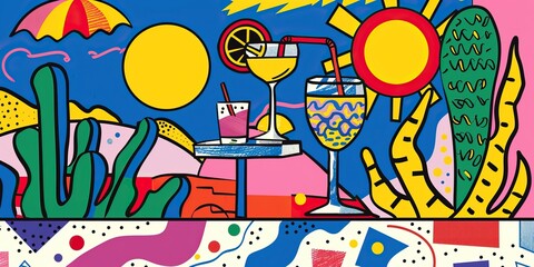 Fototapeta premium Summer theme flat colorful cartoon style background. Modern exotic floral jungle pattern. Collage contemporary background. Hand drawn summer elements. High quality AI generated image