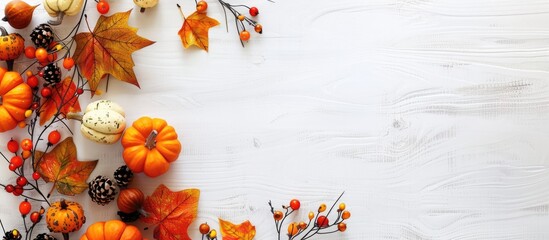 Autumn-themed decorations featuring pumpkins, berries, and leaves arranged on a white wooden surface. Represents the essence of Thanksgiving or Halloween. Flatlay presentation with room for text.