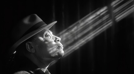   A monochrome image of a man in a fedora, suit, and tie with closed eyes - obrazy, fototapety, plakaty