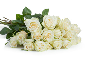 A bouquet of white roses is displayed on a white background