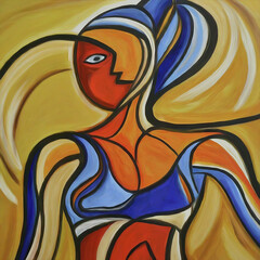 Colorful cubist abstract of a female athlete in attire for a discipline such as swimming, beach volleyball, or track and field